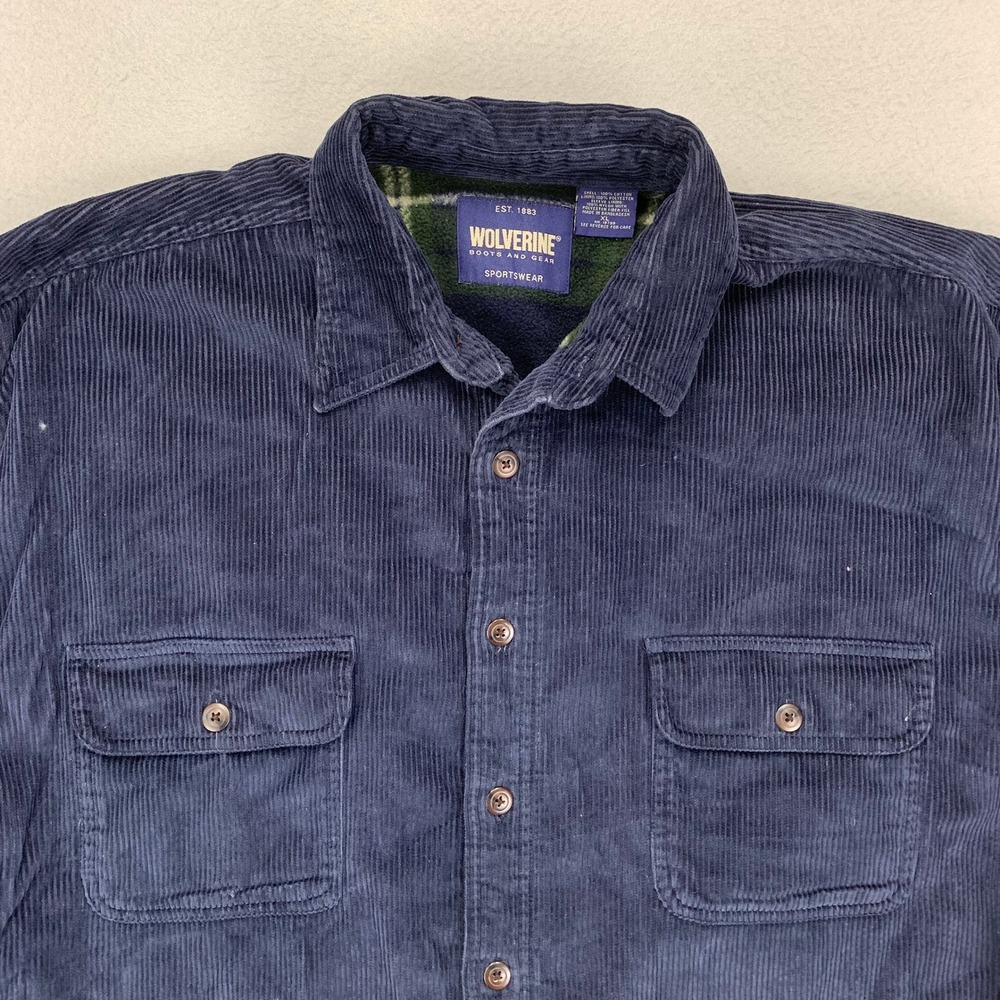 Wolverine Shirt Jacket‎ Mens XL Blue Corduroy Fleece Lined Button UP Workwear
